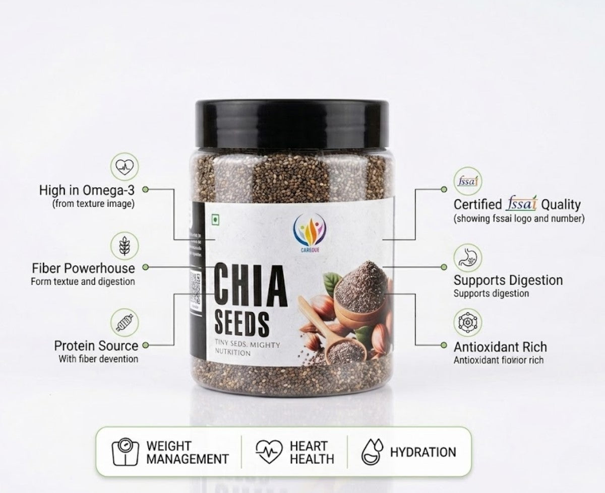 CareQue Premium Chia Seeds (Salvia Hispanica) 250 Gram| Omega 3 Rich Superfood for Weight Loss, Digestion & Energy